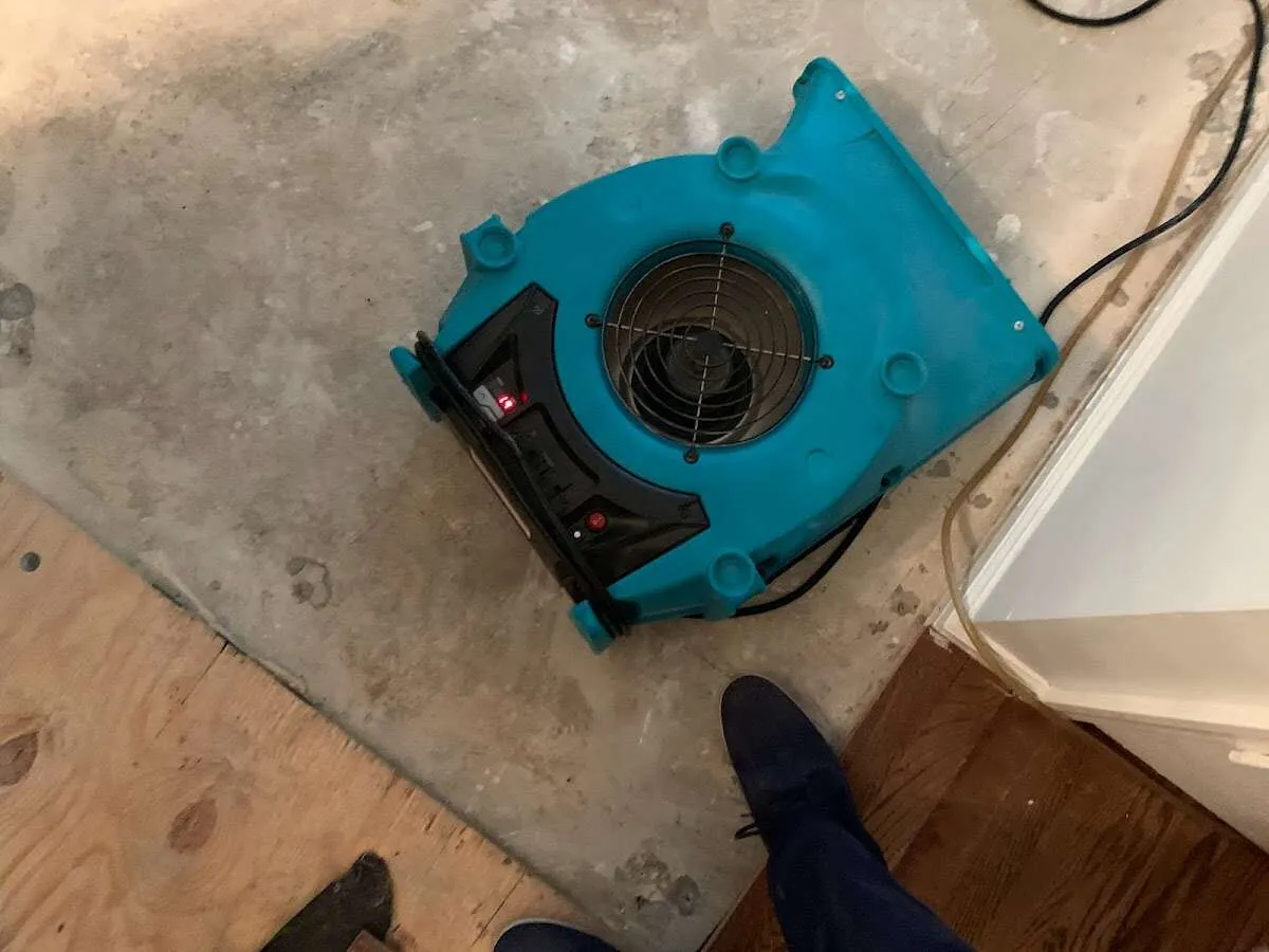 Air mover drying subfloor during Commercial Water Damage Restoration in San Ramon